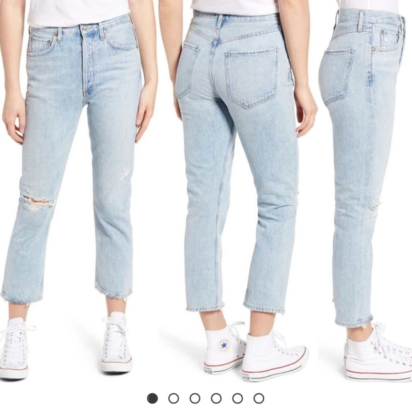 AGOLDE Riley Light Wash Distressed High Rise Straight Cropped Jeans - Picture 3 of 16